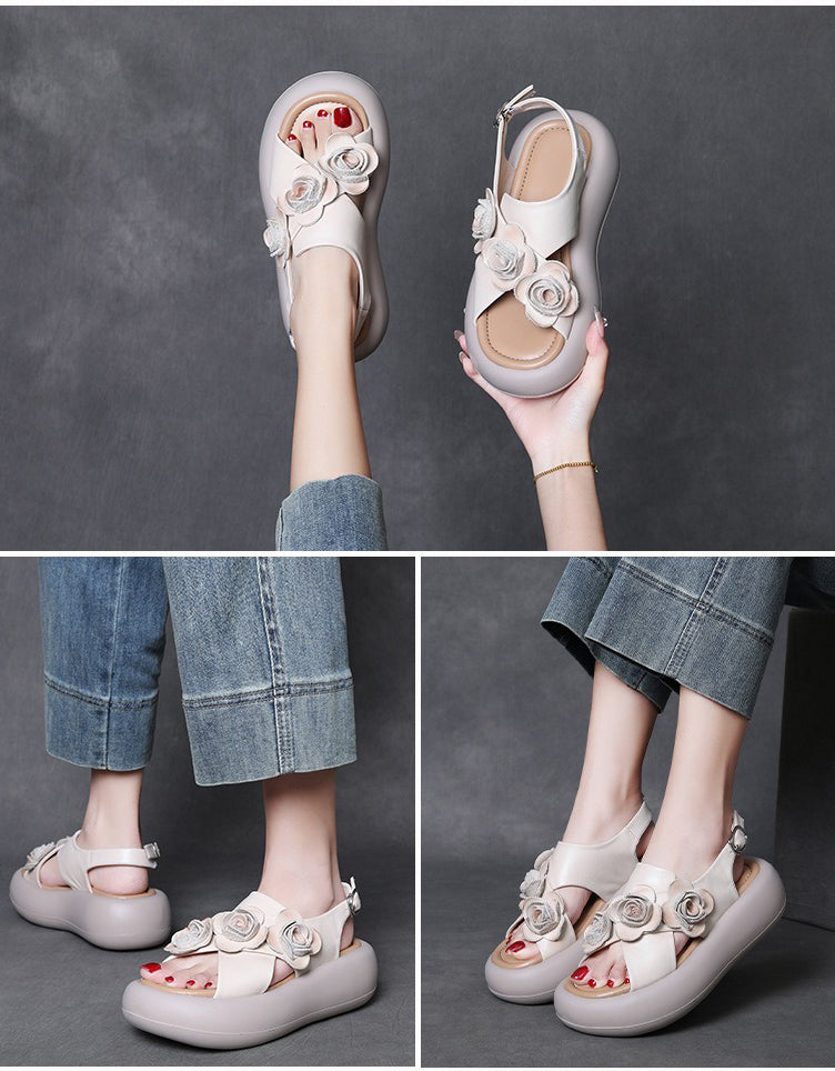 Sandales Plateforme en Cuir à Brides Croisées beige — portées (7)