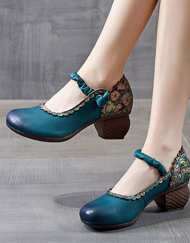 Escarpins à Talons Épais Style Ethnique vert — portées (3)