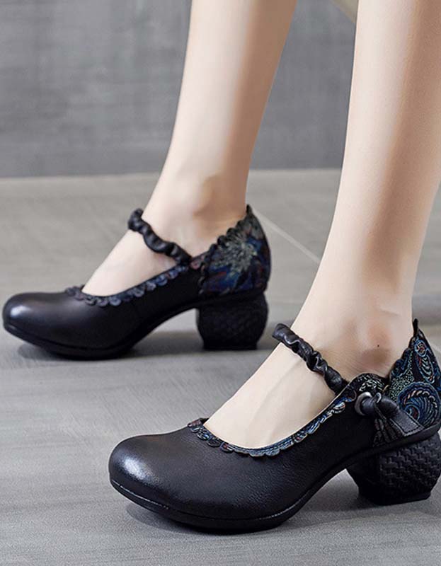 Escarpins à Talons Épais Style Ethnique noir — portées (4)