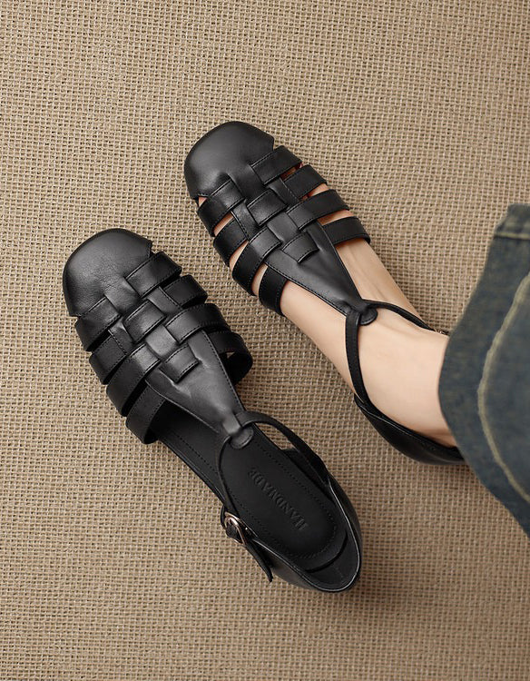 Sandales en Cuir Tressé à Bout Fermé noir — portées (9)