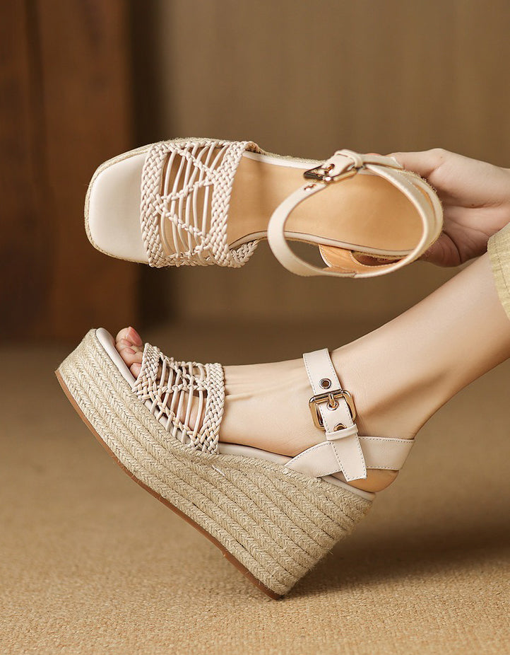 Espadrilles Compensées à Bout Ouvert beige — portées (2)