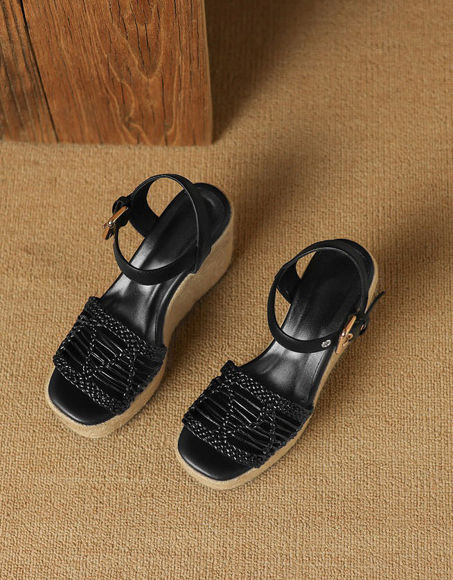 Espadrilles Compensées à Bout Ouvert noir — portées (13)