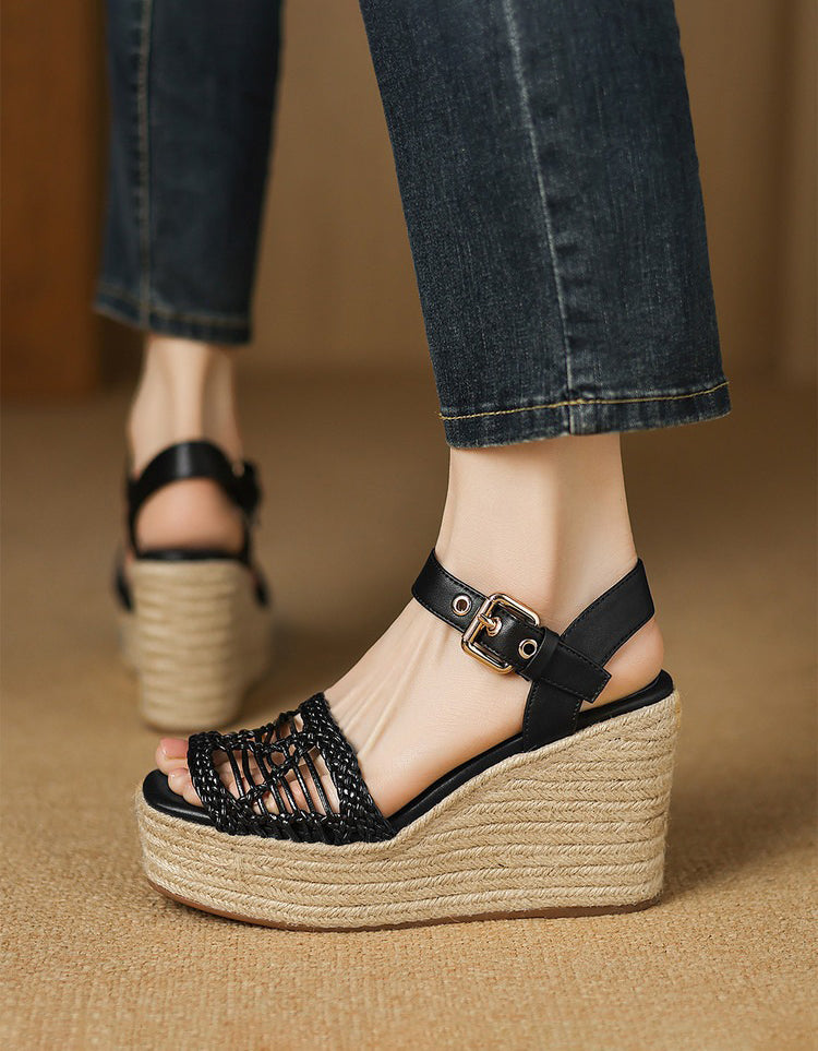 Espadrilles Compensées à Bout Ouvert noir — portées (3)