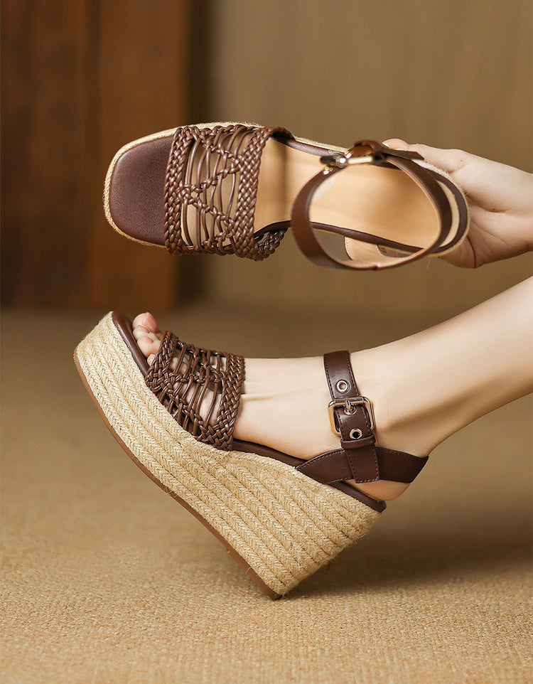 Espadrilles Compensées à Bout Ouvert marron — portées (5)