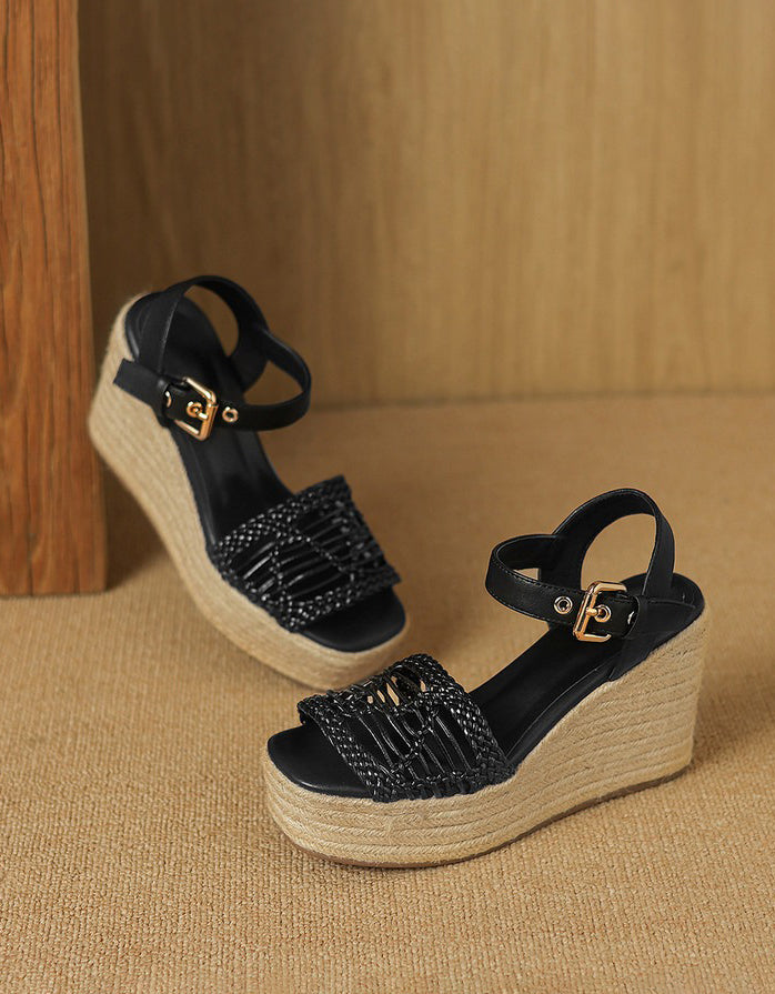 Espadrilles Compensées à Bout Ouvert noir — portées (12)