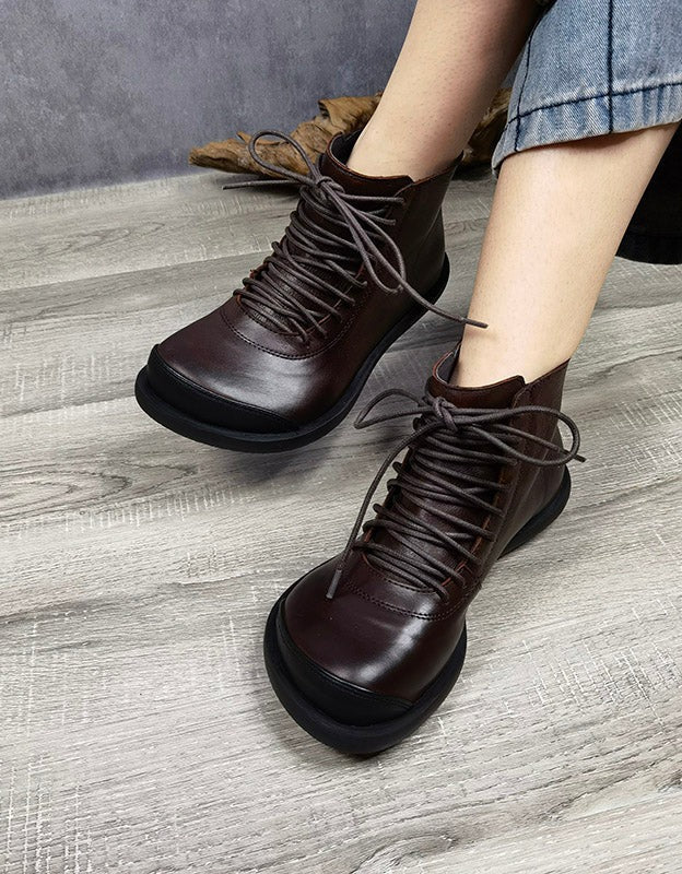 Bottines Rétro en Cuir à Lacets café — portées (3)