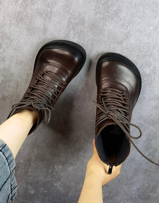 Bottines Rétro en Cuir à Lacets café — portées (4)