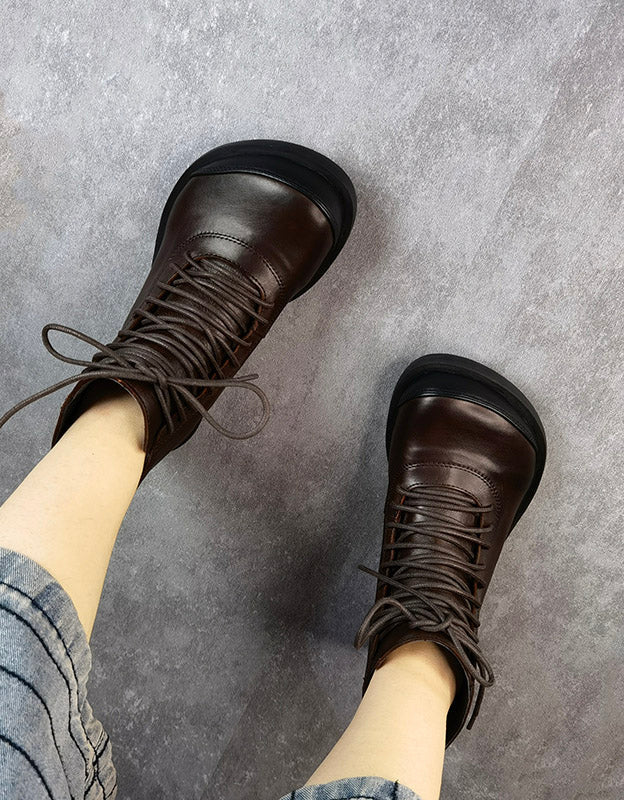 Bottines Rétro en Cuir à Lacets café — portées (5)