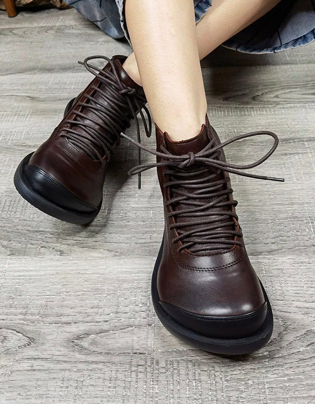 Bottines Rétro en Cuir à Lacets café — portées (6)