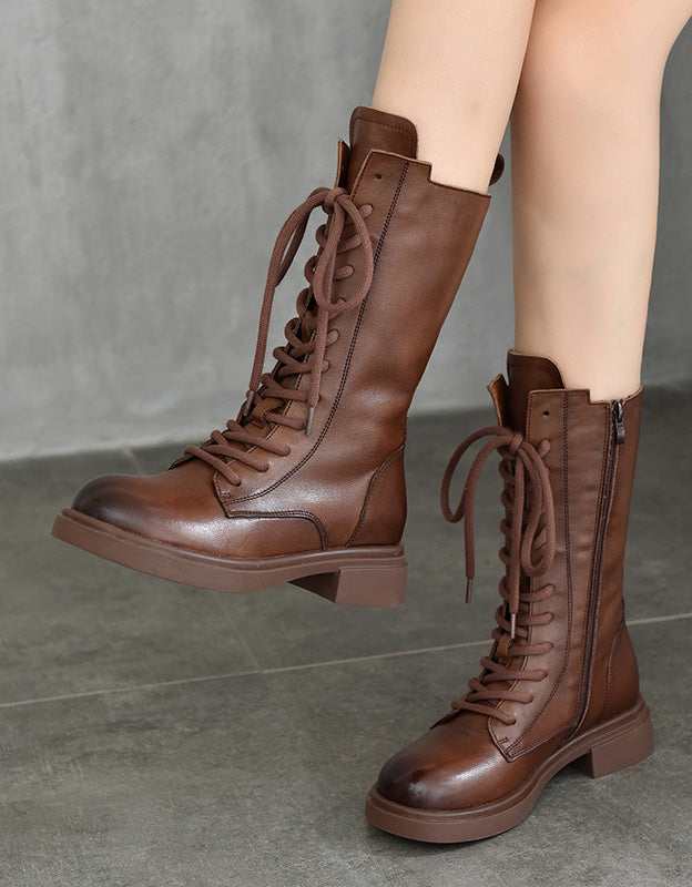 Bottes Hautes en Cuir à Lacets marron — portées (2)