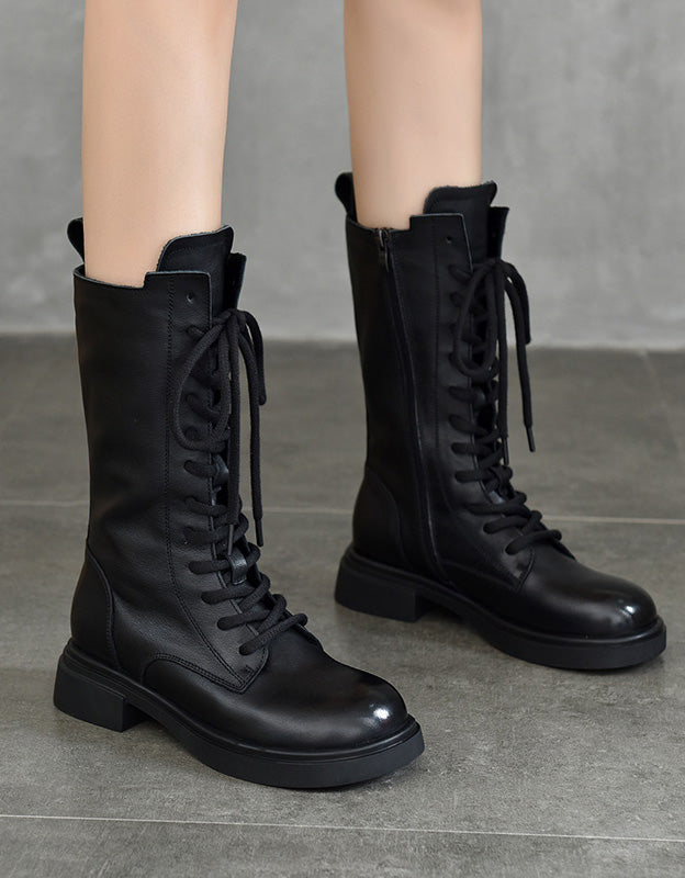 Bottes Hautes en Cuir à Lacets noir — portées (4)