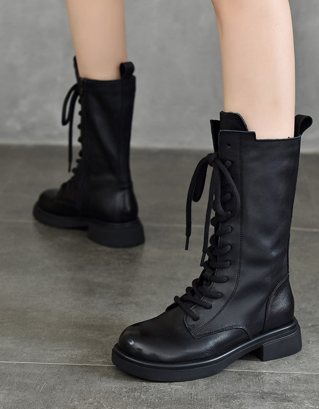 Bottes Hautes en Cuir à Lacets noir — portées (5)